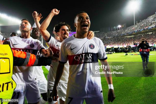 Kylian Mbappe centre-forward of PSG and France celebrates after scoring his sides first goal during the UEFA Champions League quarter-final second...
