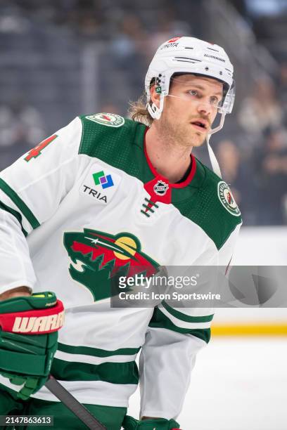 Minnesota Wild Defenseman Jon Merrill skates in warm ups before a game between the Minnesota Wild and the Los Angeles Kings on April 15th, 2024 at...