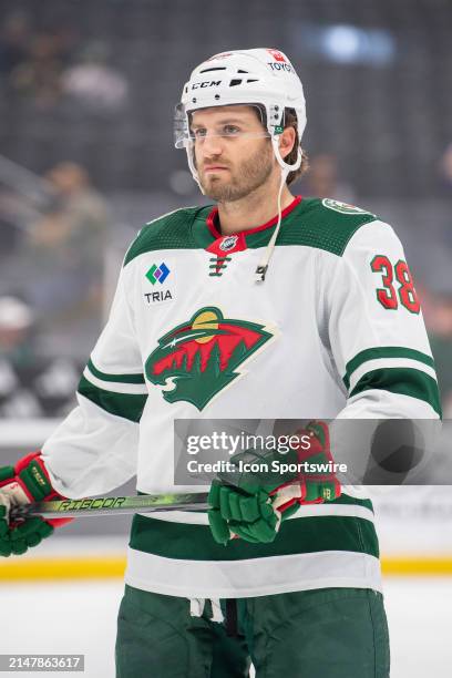 Minnesota Wild Right Wing Ryan Hartman skates in warm ups before a game between the Minnesota Wild and the Los Angeles Kings on April 15th, 2024 at...