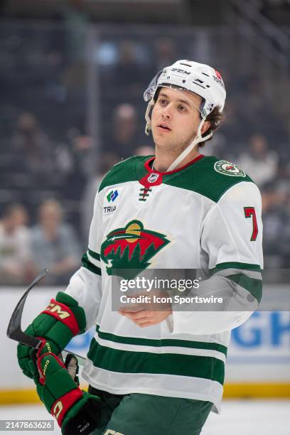 Minnesota Wild Defenseman Brock Faber skates in warm ups before a game between the Minnesota Wild and the Los Angeles Kings on April 15th, 2024 at...