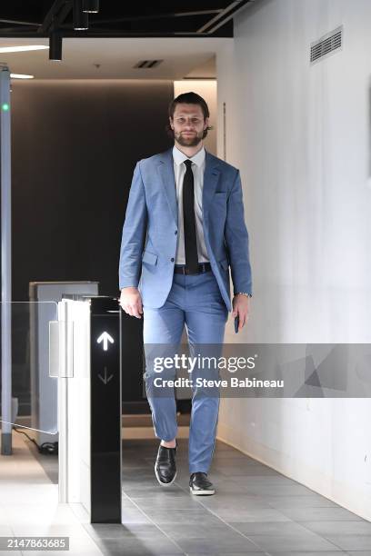 Pavel Zacha of the Boston Bruins arrives before the game against the Ottawa Senators at the TD Garden on April 16, 2024 in Boston, Massachusetts.