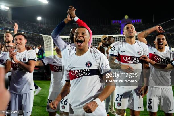 Kylian Mbappe centre-forward of PSG and France celebrates victory after the UEFA Champions League quarter-final second leg match between FC Barcelona...
