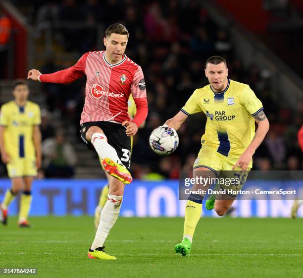 Southampton's Jan Bednarek under pressure from Preston North End's Milutin Osmajic during the Sky Bet Championship match between Southampton FC and...