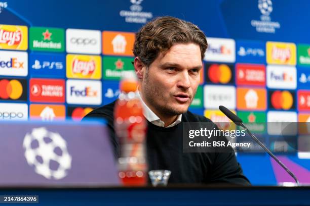 Coach Edin Terzic of Borussia Dortmund during a press conference following the Quarter-final Second Leg - UEFA Champions League 2023/24 match between...