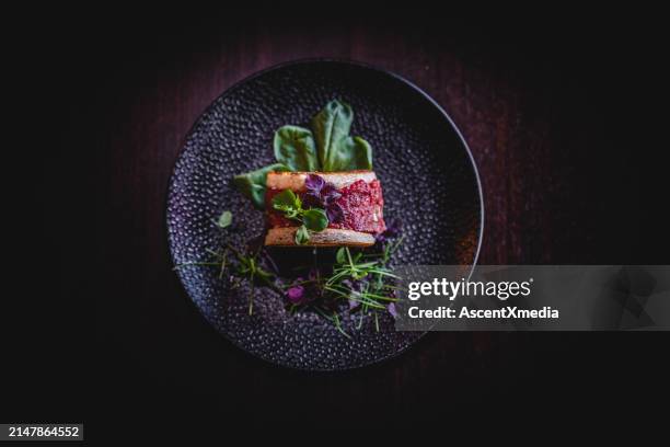 view of a meat based meal at restaurant - foodstyling stock-fotos und bilder