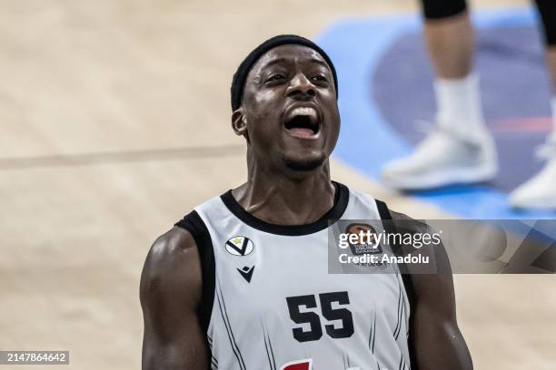 Awudu Abass of Virtus Segafredo Bologna celebrates after his team wins during the Turkish Airlines Euroleague play-in match between Anadolu Efes and...