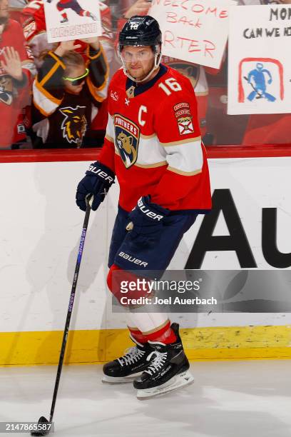 Aleksander Barkov of the Florida Panthers skates with the puck prior to the game against the Toronto Maple Leafs at the Amerant Bank Arena on April...