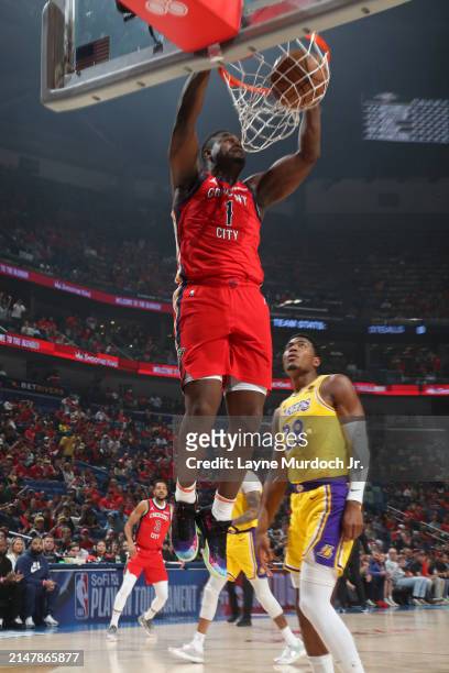 Zion Williamson of the New Orleans Pelicans dunks the ball during the game against the Los Angeles Lakers during the 2024 SoFi Play-In Tournament on...