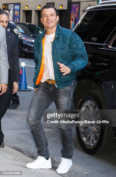 Orlando Bloom is seen arriving at The Late Show With Stephen Colbert on April 16, 2024 in New York City.