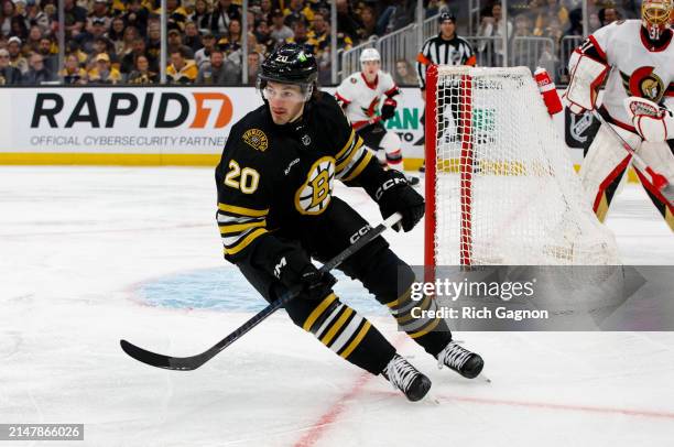 Jayson Megna of the Boston Bruins skates against the Ottawa Senators during the first period at the TD Garden on April 16, 2024 in Boston,...