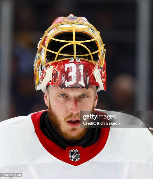 Anton Forsberg of the Ottawa Senators tends goal against the Boston Bruins during the first period at the TD Garden on April 16, 2024 in Boston,...