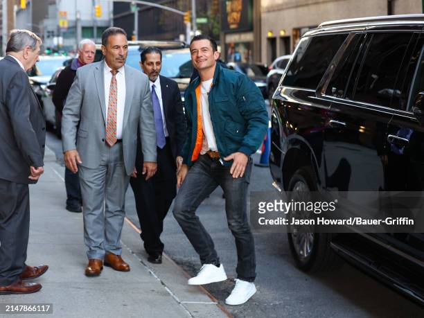 Orlando Bloom is seen arriving at "The Late Show With Stephen Colbert" on April 16, 2024 in New York City.