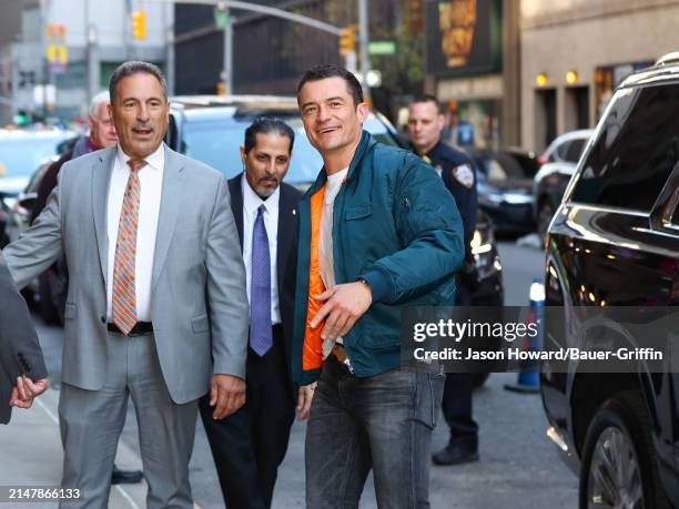 Orlando Bloom is seen arriving at "The Late Show With Stephen Colbert" on April 16, 2024 in New York City.