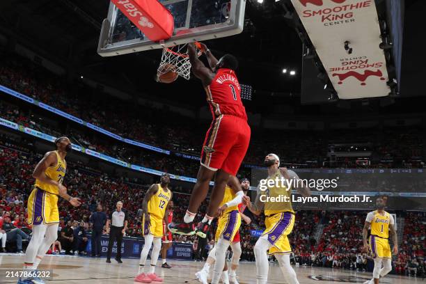 Zion Williamson of the New Orleans Pelicans dunks the ball during the game against the Los Angeles Lakers during the 2024 SoFi Play-In Tournament on...