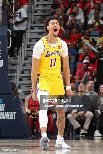 Jaxson Hayes of the Los Angeles Lakers celebrates during the game against the New Orleans Pelicans during the 2024 SoFi Play-In Tournament on April...