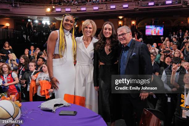 Aaliyah Edwards, Nika Muhl and Geno Auriemma pose for a photo during the 2024 WNBA Draft on April 15, 2024 at the Brooklyn Academy of Music in...