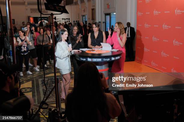 Caitlin Clark talks to the media after being drafted first overall by the Indiana Fever during the 2024 WNBA Draft on April 15, 2024 at the Brooklyn...