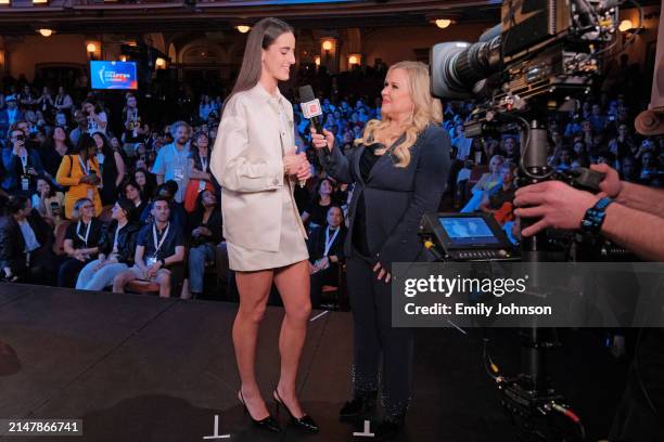 Caitlin Clark talks to the media after being drafted first overall by the Indiana Fever during the 2024 WNBA Draft on April 15, 2024 at the Brooklyn...