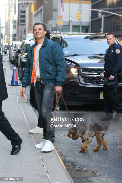 Orlando Bloom is seen arriving at "The Late Show with Stephen Colbert" on April 16, 2024 in Manhattan, New York.