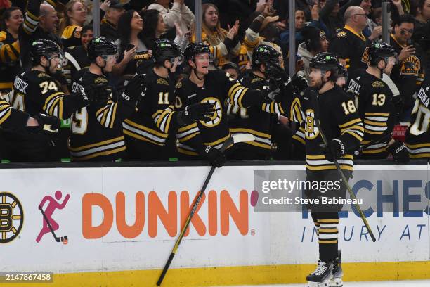 Pavel Zacha of the Boston Bruins celebrates his third-period goal against the Ottawa Senators at the TD Garden on April 16, 2024 in Boston,...