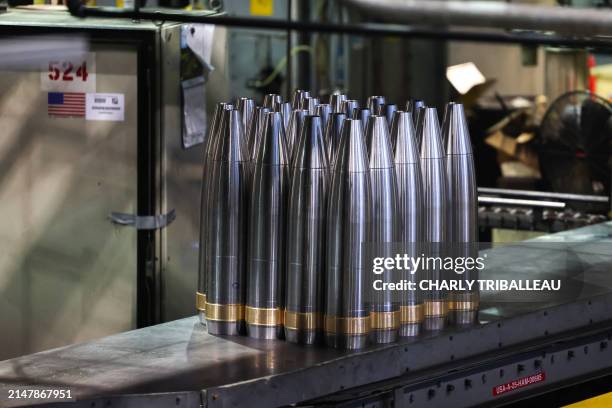 Mm caliber shells are pictured after the manufacturing process at the Scranton Army Ammunition Plant in Scranton, Pennsylvania on April 16, 2024. In...
