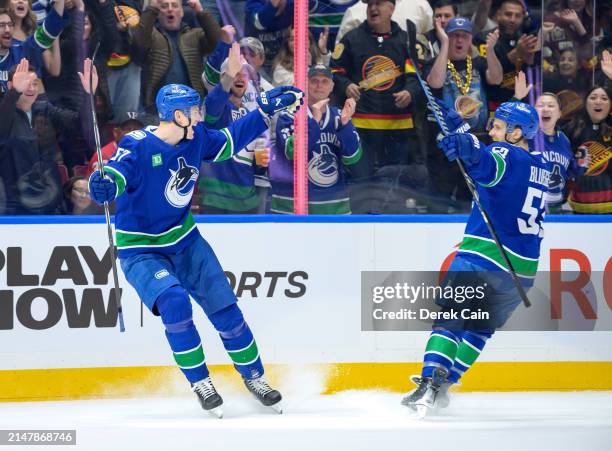 Tyler Myers of the Vancouver Canucks is congratulated after scoring a goal against the Calgary Flames during the first period of the NHL game at...