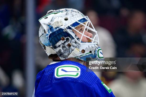Thatcher Demko of the Vancouver Canucks looks on during the second period of the NHL game against the Calgary Flames at Rogers Arena on April 16,...
