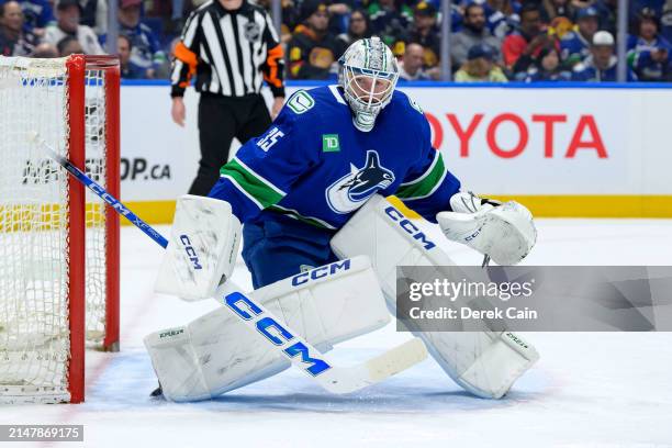 Thatcher Demko of the Vancouver Canucks looks on during the second period of the NHL game against the Calgary Flames at Rogers Arena on April 16,...