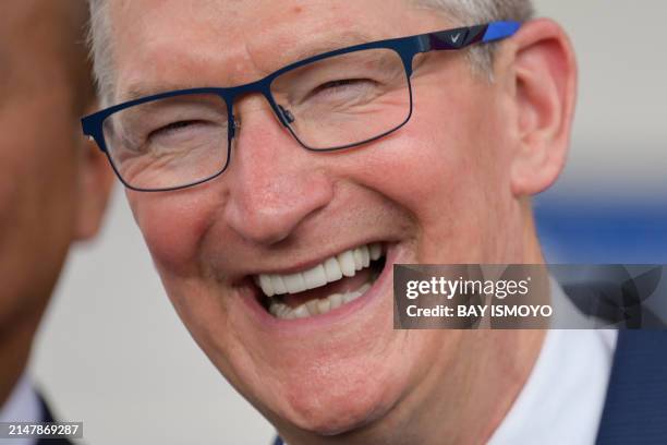 Apple CEO Tim Cook speaks to the press after meeting with Indonesia's President Joko Widodo at the Merdeka Palace in Jakarta on April 17, 2024.