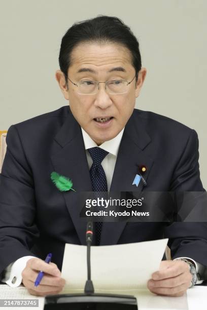 Prime Minister Fumio Kishida speaks during a meeting of a ministerial council on promoting Japan as a tourism-oriented country on April 17, 2024 in...