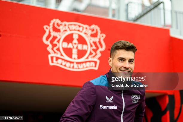Patrik Schick of Leverkusen laughing ahead of their UEFA Europa League 2023/24 Quarter-Final second leg match against West Ham United FC at Olympic...