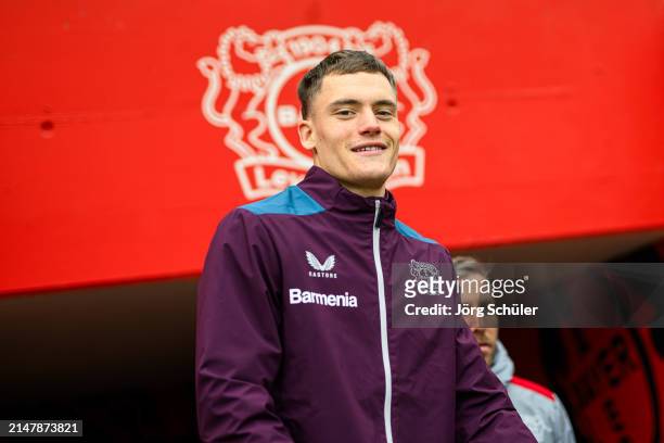 Florian Wirtz of Leverkusen laughing ahead of their UEFA Europa League 2023/24 Quarter-Final second leg match against West Ham United FC at Olympic...