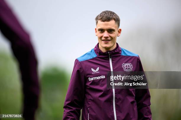 Florian Wirtz of Leverkusen looks on ahead of their UEFA Europa League 2023/24 Quarter-Final second leg match against West Ham United FC at Olympic...
