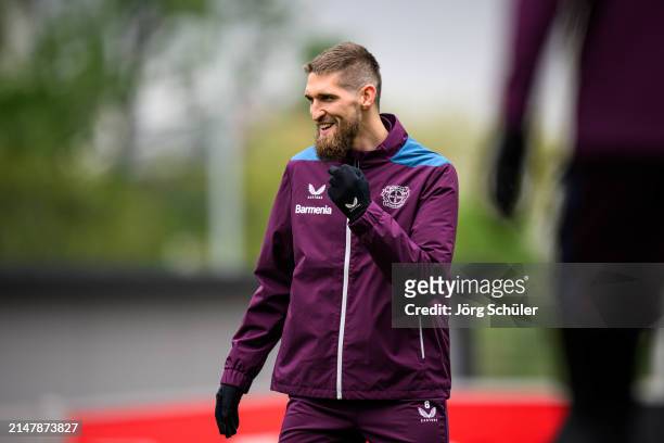 Robert Andrich of Leverkusen laughing ahead of their UEFA Europa League 2023/24 Quarter-Final second leg match against West Ham United FC at Olympic...