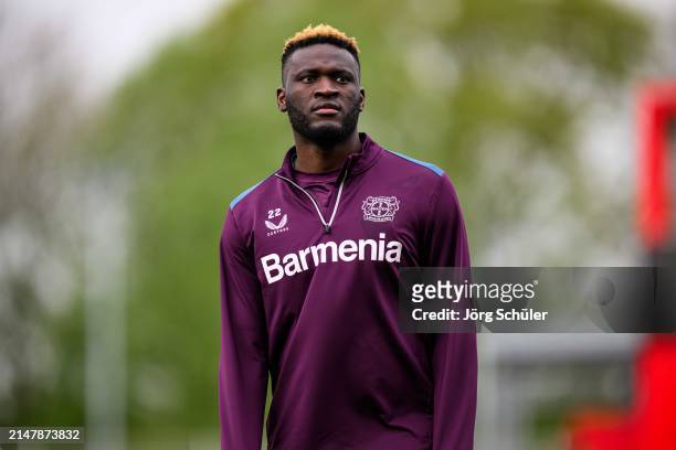 Victor Boniface of Leverkusen looks on ahead of their UEFA Europa League 2023/24 Quarter-Final second leg match against West Ham United FC at Olympic...