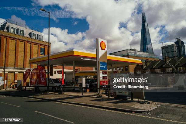 Shell Plc petrol station in London, UK, on Wednesday, April 17, 2024. UK inflation slowed less than expected last month as fuel prices crept higher,...