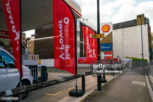 Prices on a totem sign at a Shell Plc petrol station in London, UK, on Wednesday, April 17, 2024. UK inflation slowed less than expected last month...