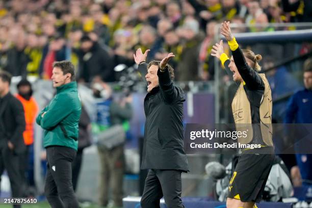 Head coach Edin Terzic of Borussia Dortmund gestures and celebrates during the UEFA Champions League quarter-final second leg match between Borussia...