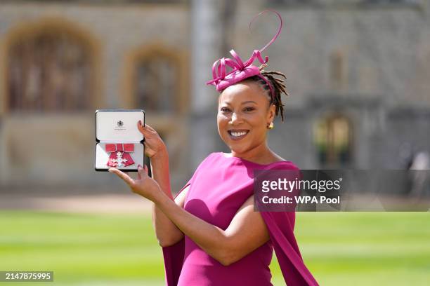 Rhiane Fatinikun after being made a Member of the Order of the British Empire at an investiture ceremony at Windsor Castle on April 17, 2024 in...