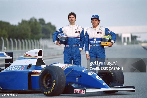William-Renault drivers Damon Hill and Ayrton Senna pose before the FW16 formula one, during William's practice session held on the Paul-Ricard...