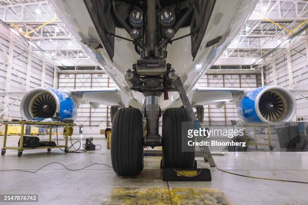 The nose gear of a Boeing 777-200 airplane in a United Airlines maintenance hangar at Newark Liberty International Airport in Newark, New Jersey, US,...