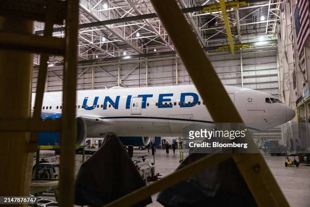 Boeing 777-200 airplane in a United Airlines maintenance hangar at Newark Liberty International Airport in Newark, New Jersey, US, on Tuesday, March...