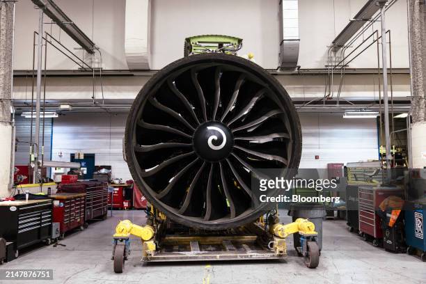 An engine for a Boeing 767 airplane in a United Airlines maintenance facility at Newark Liberty International Airport in Newark, New Jersey, US, on...