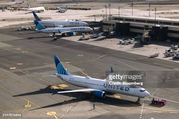United Airlines Boeing 737 Max 9 airplane is pushed back from a gate at Newark Liberty International Airport in Newark, New Jersey, US, on Tuesday,...