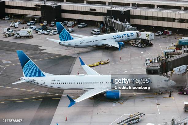 United Airlines Boeing 737 Max 9 airplane parked at a gate at Newark Liberty International Airport in Newark, New Jersey, US, on Tuesday, March 19,...