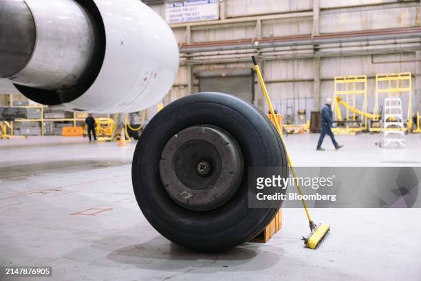 Spare tire for a Boeing 767-300 airplane in a United Airlines maintenance hangar at Newark Liberty International Airport in Newark, New Jersey, US,...