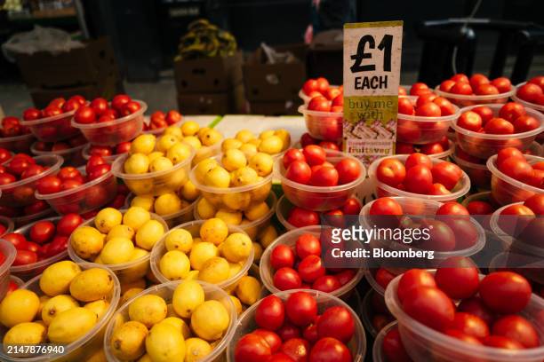 One pound price label in bowls of produce on a grocery stall at East Street Market in London, UK, on Wednesday, April 17, 2024. UK inflation slowed...