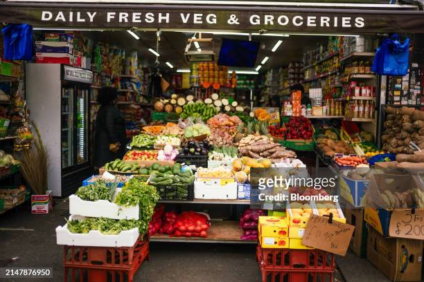 Grocery shop at East Street Market in London, UK, on Wednesday, April 17, 2024. UK inflation slowed less than expected last month as fuel prices...