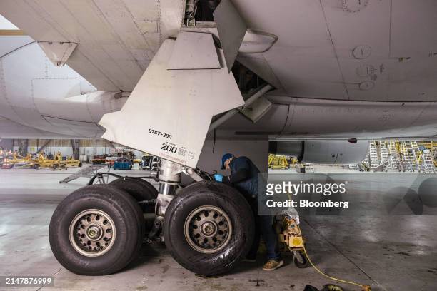 The landing gear of a Boeing 767-300 airplane in a United Airlines maintenance hangar at Newark Liberty International Airport in Newark, New Jersey,...