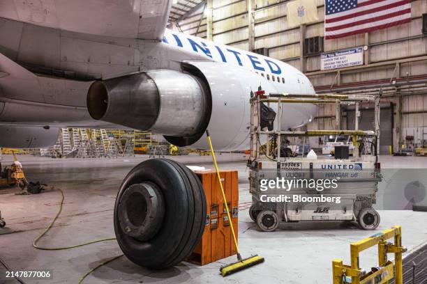 Spare tire for a Boeing 767-300 airplane in a United Airlines maintenance hangar at Newark Liberty International Airport in Newark, New Jersey, US,...